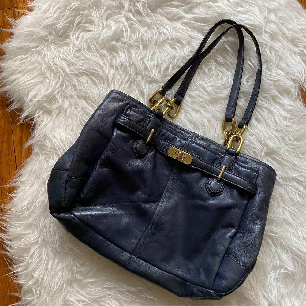 Classic Blue Leather Tote with Gold Hardware